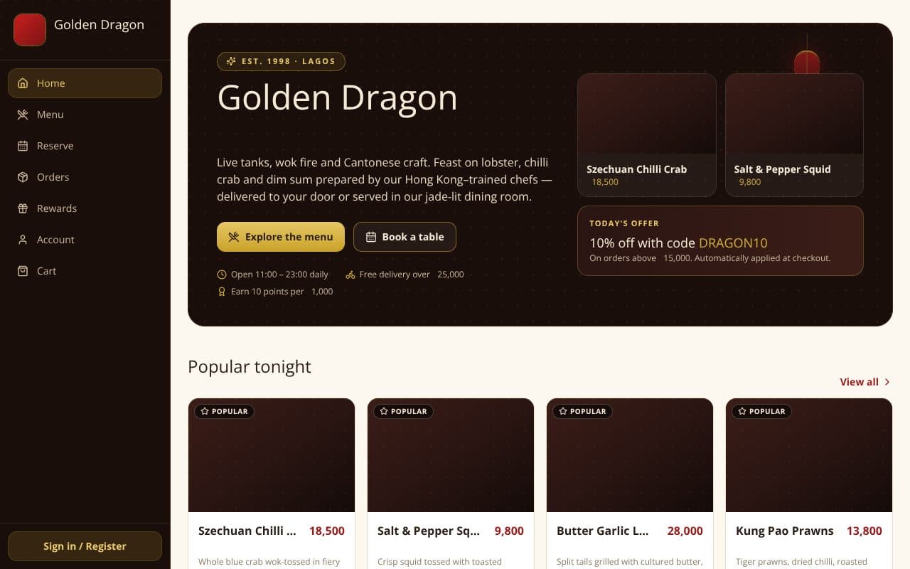 Build a premium Chinese seafood restaurant app, Web App preview