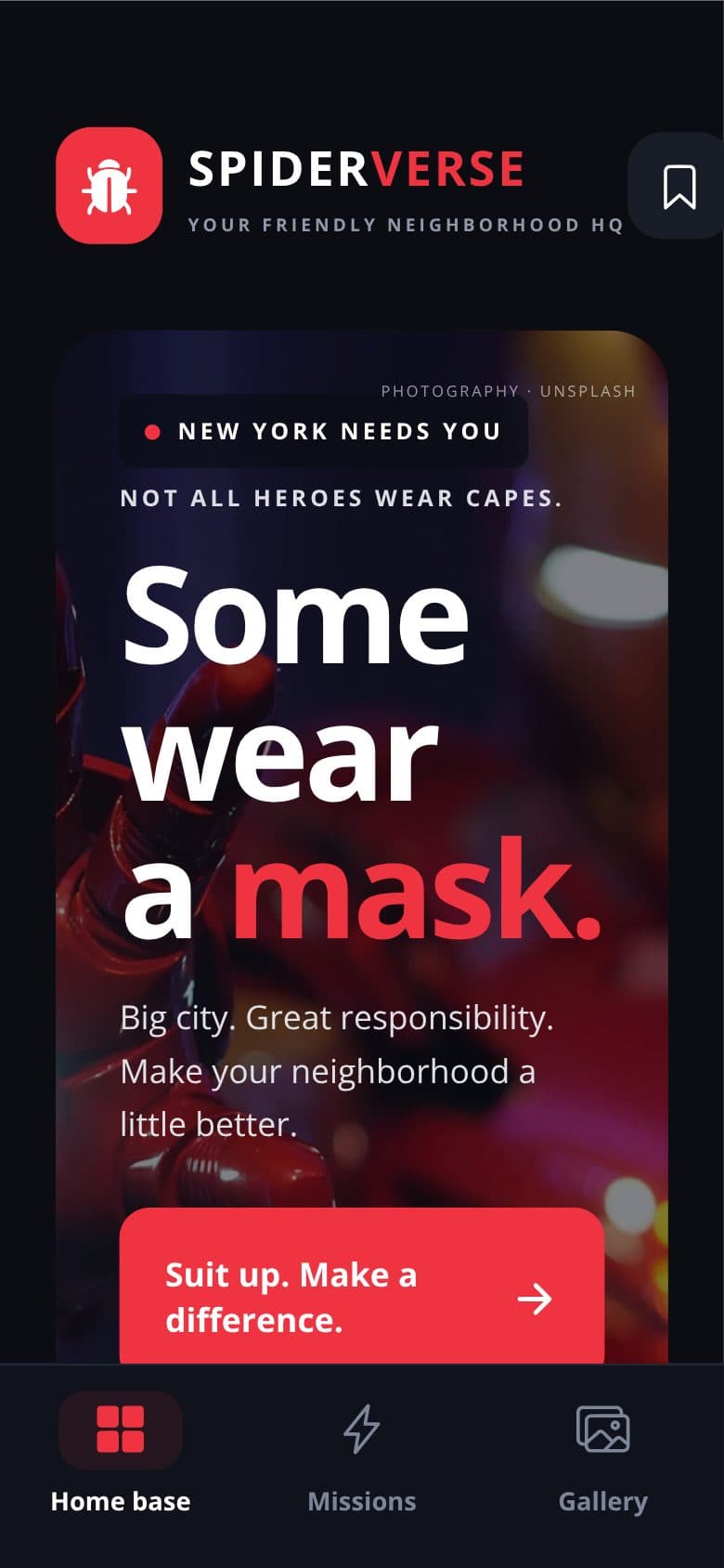 Create a spiderman themed web app, use high, App preview