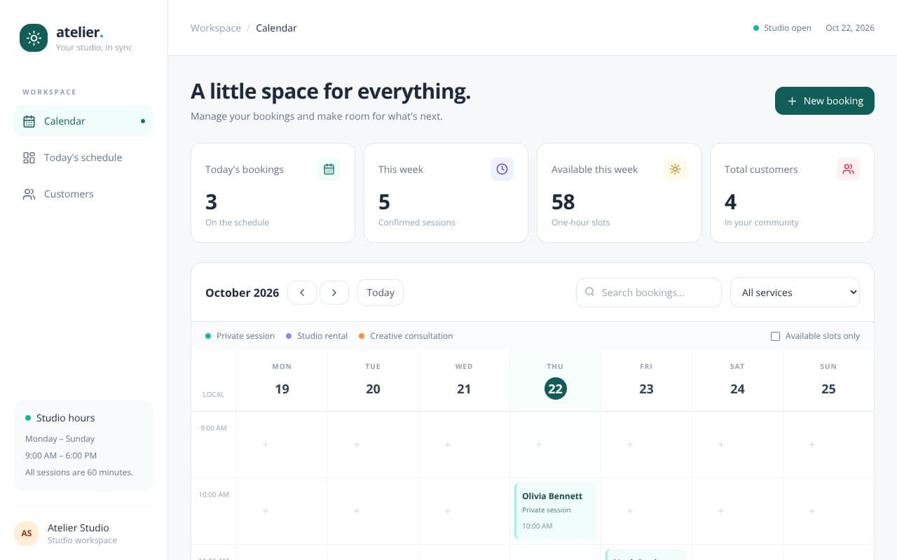 A booking manager web app for a small studio:, Web App preview